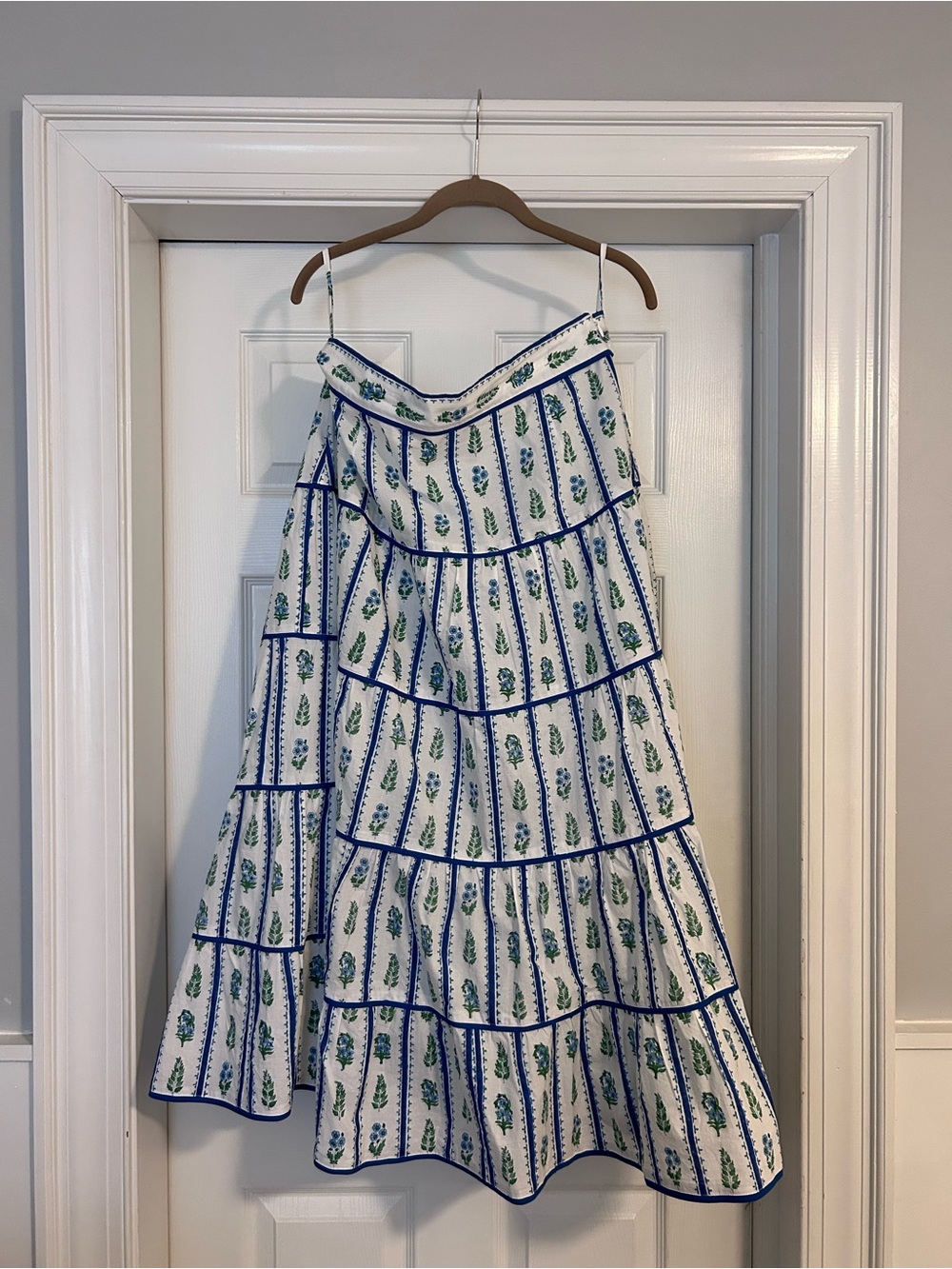 White Tiered Floral Midi Skirt with Blue Trim